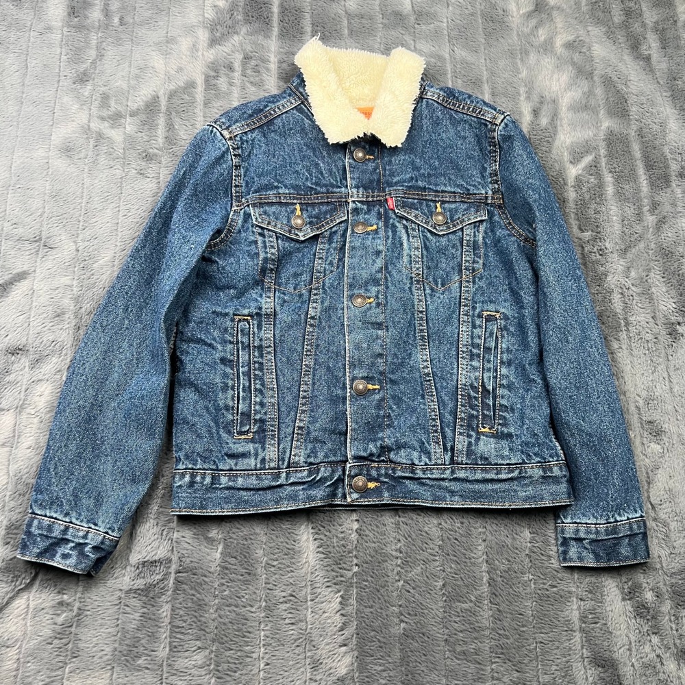 Levis Kids Sherpa Lined Denim Trucker Jacket Medium Wash Blue Size M 10-12 Yrs